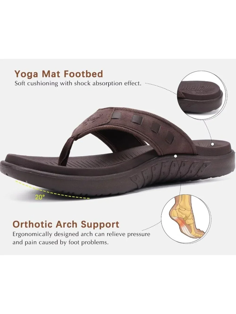 Men's Dark Brown Sport Flip Flops Comfort Orthotic Thong Sandals Arch Support